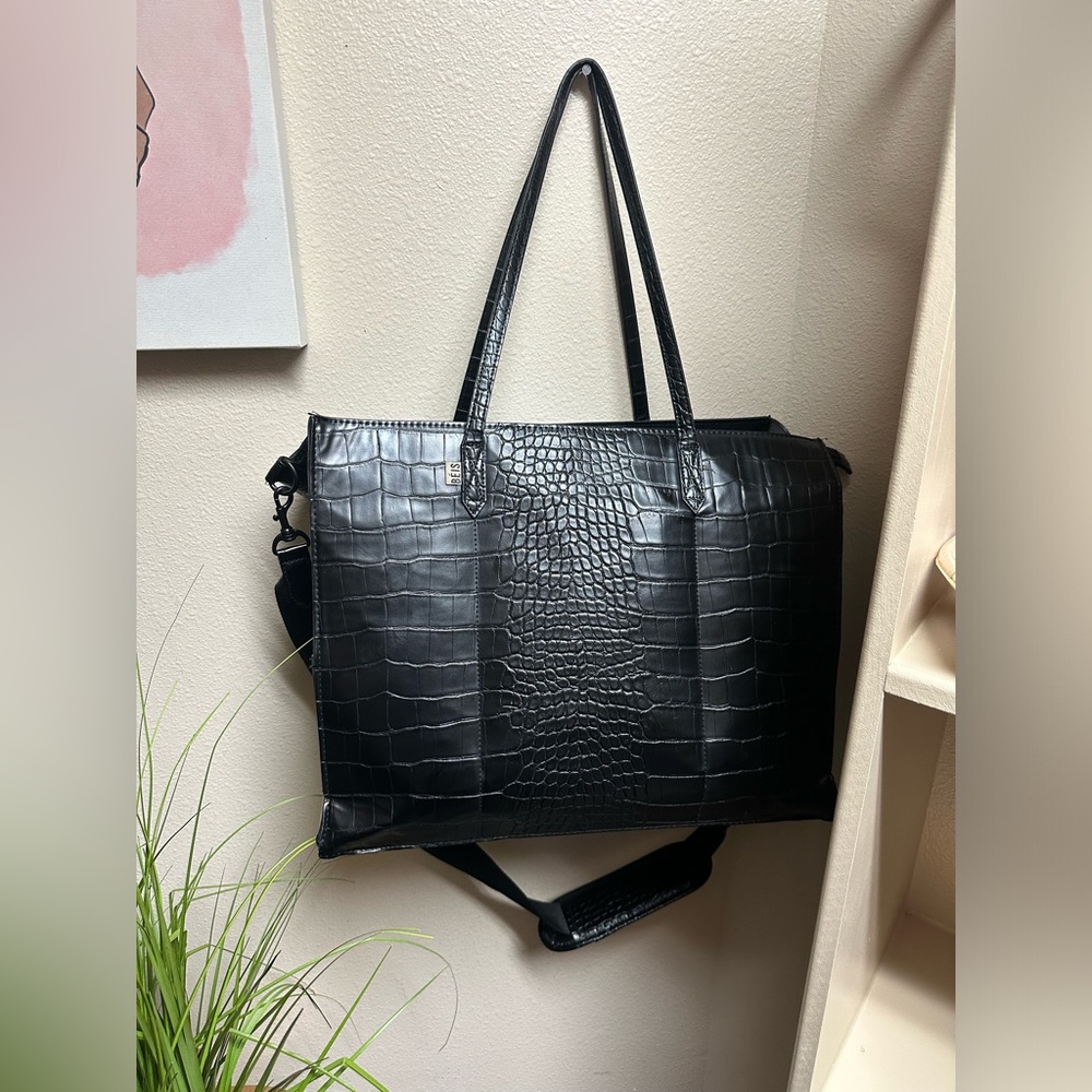 The Work Tote in Black Croc Beis
